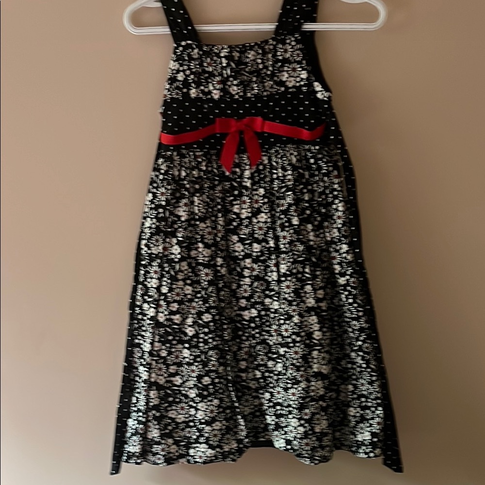 Charming Black and White Floral Kids Dress with Red Accents